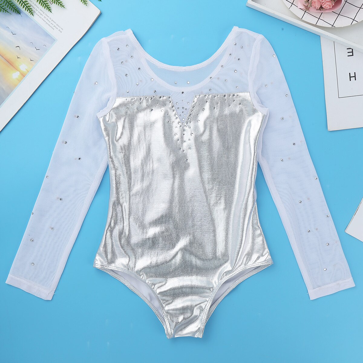 Sparkle Girls Tulle Long Sleeve Gymnastics Leotard Bodysuit Rhinestone Metallic Ballet Leotard Kids Practice Stage Dance Costume