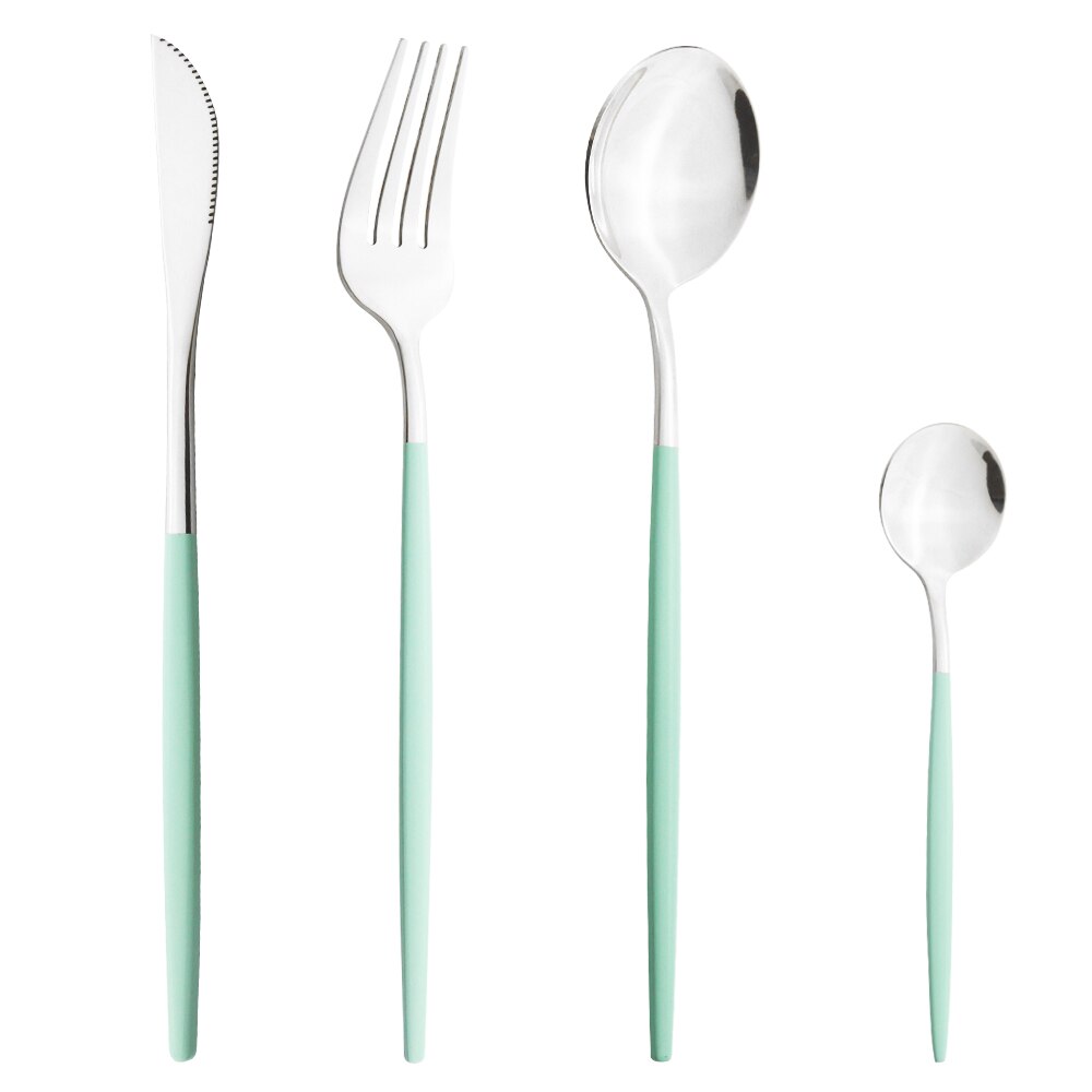 Schwarz Silber Besteck Set Abendessen Messer Dessert Gabel Löffel Stäbchen Geschirr Set Edelstahl Besteck Küche Geschirr: 4Pcs Mint Silver