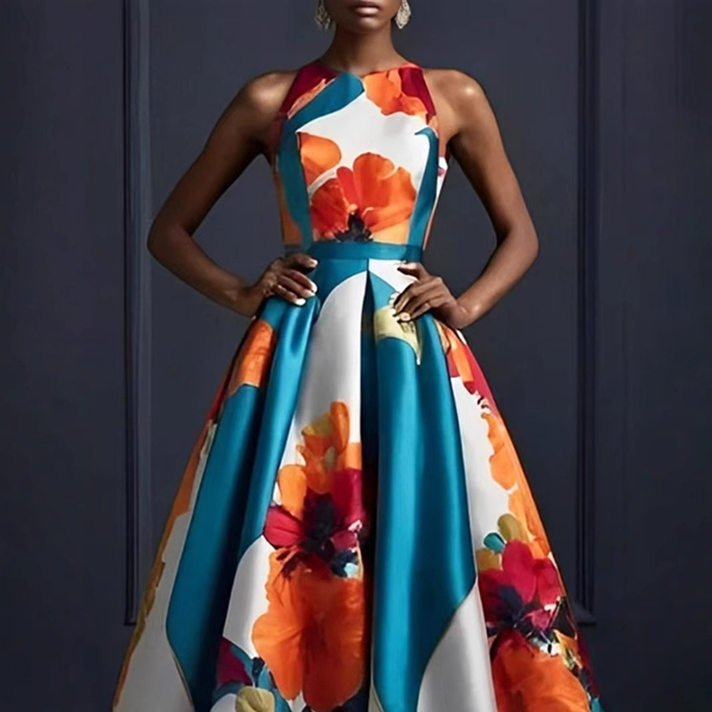 Vestidos sexis sin mangas con dobladillo, vestido de noche para mujer con estampado de flores, vestido largo de cintura alta, Vestidos largos bohemios con cuello redondo para primavera y verano
