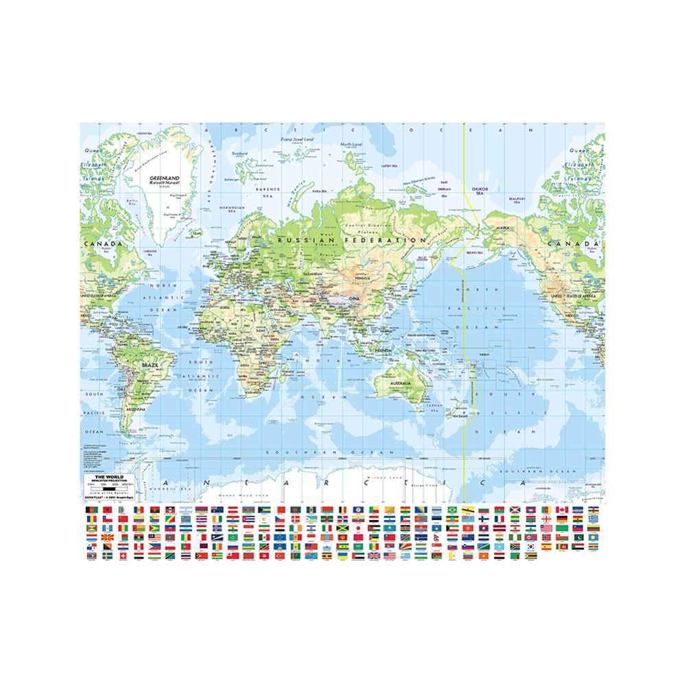 150x150cm Non-woven Spray Map Mercator Projection World Map with National Flag For Culture and Education