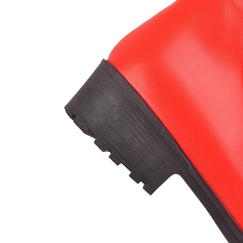 REAVE CAT Knee High Boots for Women Round Toe Square Heel Lace-up Patchwork Cross-Tied Platform Big Size 40-43 Black Red