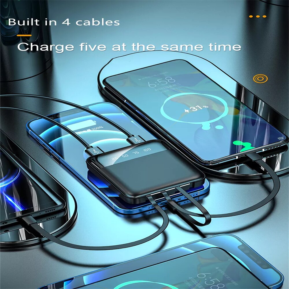20000Mah Mini Power Bank Met Digitale Display Draagbare Oplader Ingebouwde 4 Kabels Power Bank Externe Batterij Powerbank