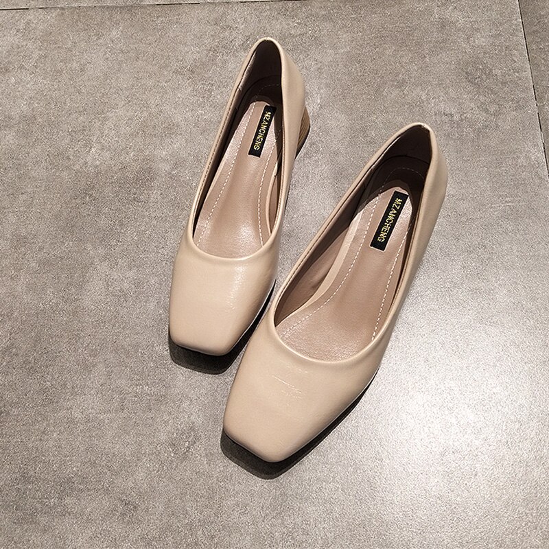 Eoeodoit vår høst med hæl sko kvadrat tå lær pumps slip on uformell chunky hæl kontor dame arbeidssko