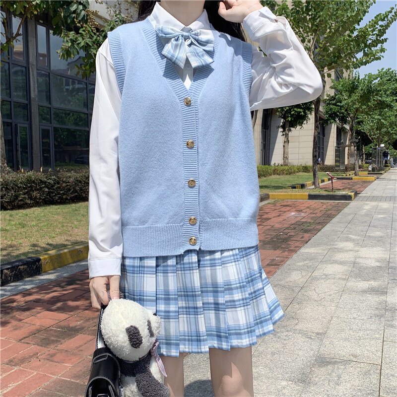 Japansk høyskole-stil jk uniform genser v-hals strikket cardigan yttervest dame topp skoleuniform skolejente uniform: himmel bule genser