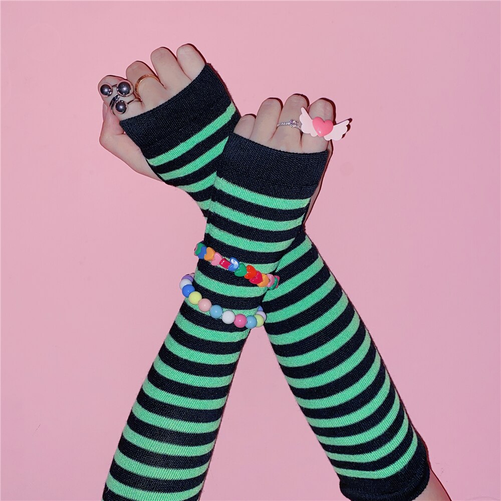 Gant gothique Harajuku Punk Style Rose rouge rayé, mi-doigt Long, 9 couleurs, gants longs pour filles, Streetwear: 9
