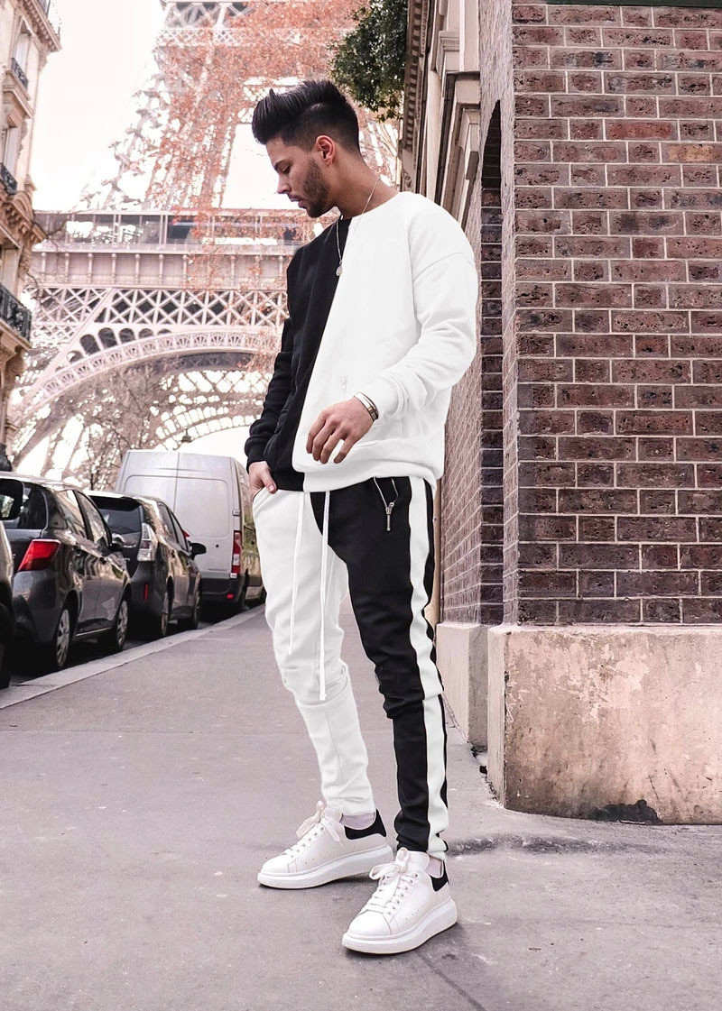 Conjunto de 2 piezas de manga larga con cuello redondo sudadera deportiva conjunto de ropa de deporte para hombre, traje deportivo, entrenamiento para hombre, ropa deportiva, sudaderas con capucha + Pantalones: Blanco / XL