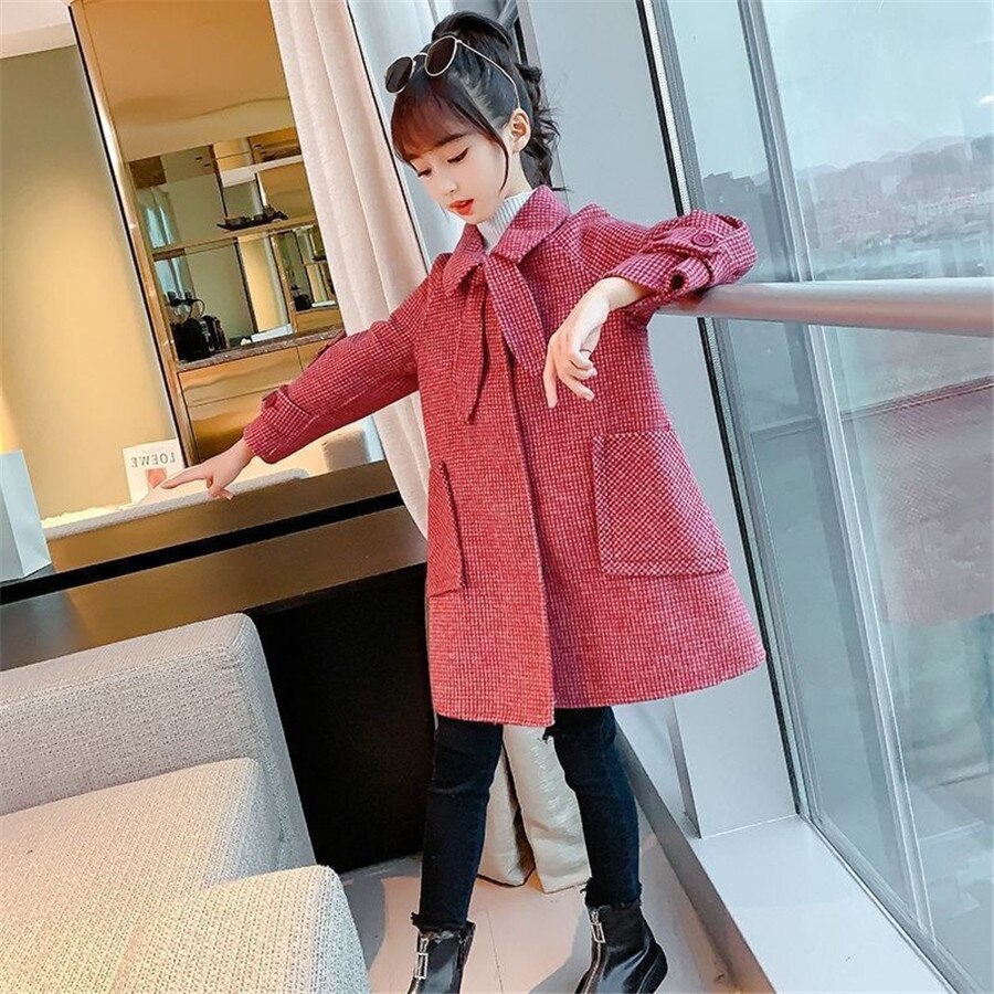 Autumn Coat For Girls Woolen Jacket For Girls Plaid Kids Outerwear Autumn England Teenage Clothes For Girls School