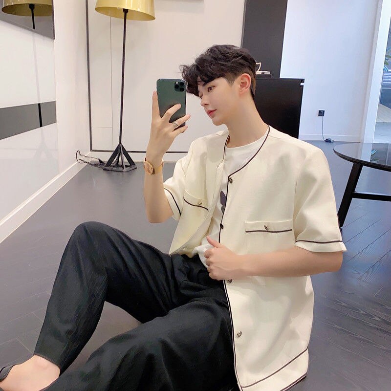 EWQ, ropa de hombre, camisa blanca sin cuello, camisa de manga corta de verano para hombre, ropa de calle , nuevas camisetas de gran tamaño, combina con todo 9Y2788