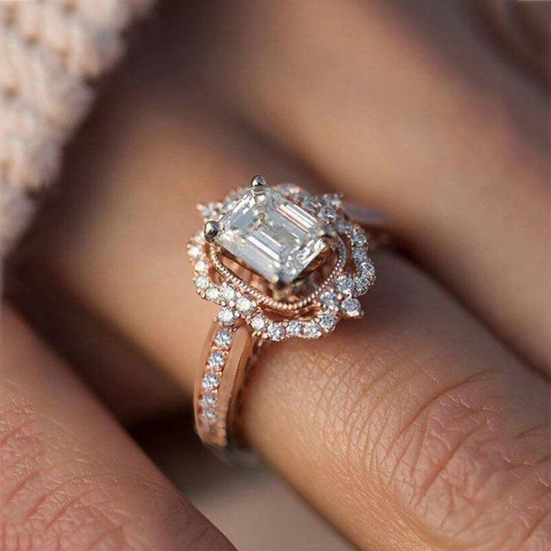 Tisonliz Luxe Vrouwelijke Vierkante Crystal Ringen Rose Goud Kleur Ringen Anniversary Sieraden voor Vrouwen Lady