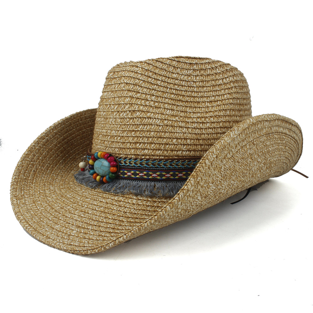 Chapéu de vaqueiro ocidental, feminino, palha vazada, estilo boêmio, com borla, tamanho 56 a 58cm, para praia, jazz, chapéu de sol: Khaki