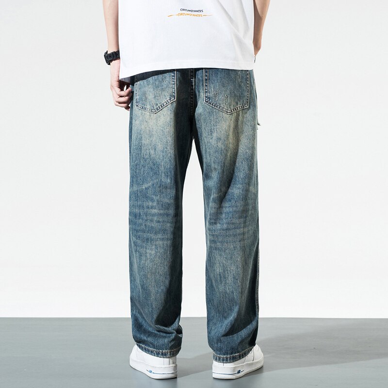 Men Jeans Straight Fit Destroyed Ripped Jeans Men Streetwear Retro Blue Hip Hop Loose Fit Wide Leg Denim Pants