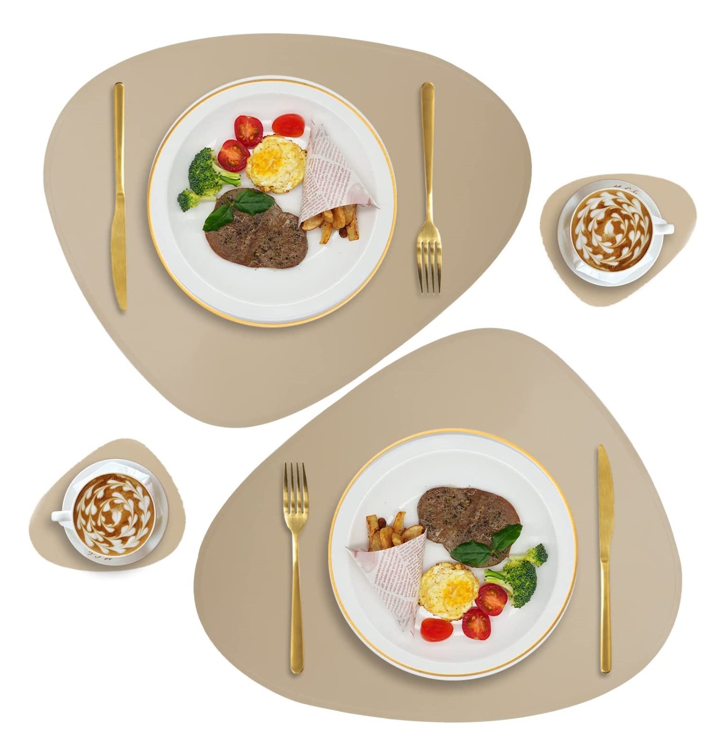 Inyahome Juego de 2 manteles individuales de piel sintética y posavasos para mesa de comedor, impermeables, lavables, manteles para mesa de cocina y cena