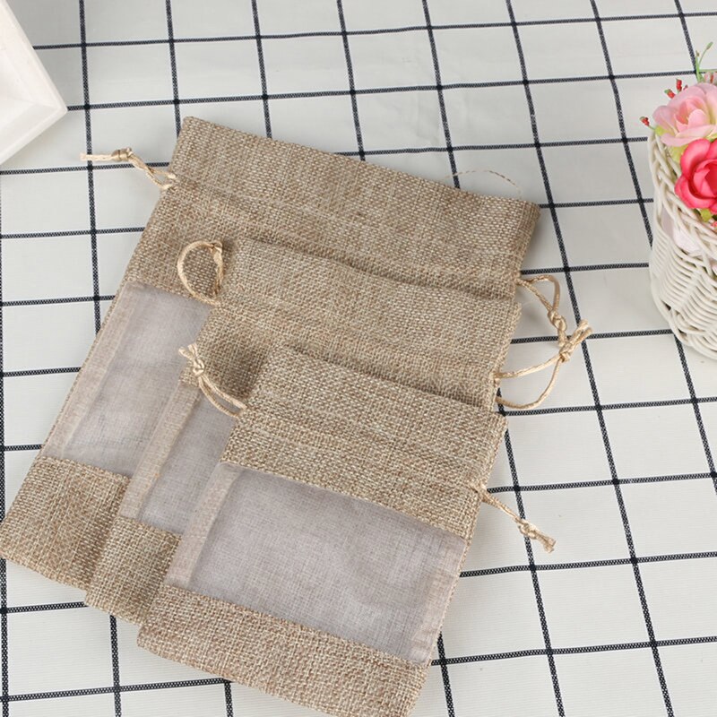 5pcs Pouch Drawstring Burlap Linen Bundle Pocket Jute Sack Candy Storage Bags Christmas Window Jewelry Drawstring