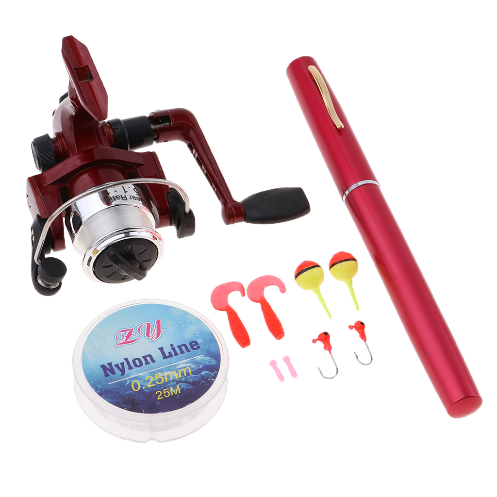 Mini Portable Pocket Pen Size Fishing Rod Reel Line Bait Hooks Set: Red