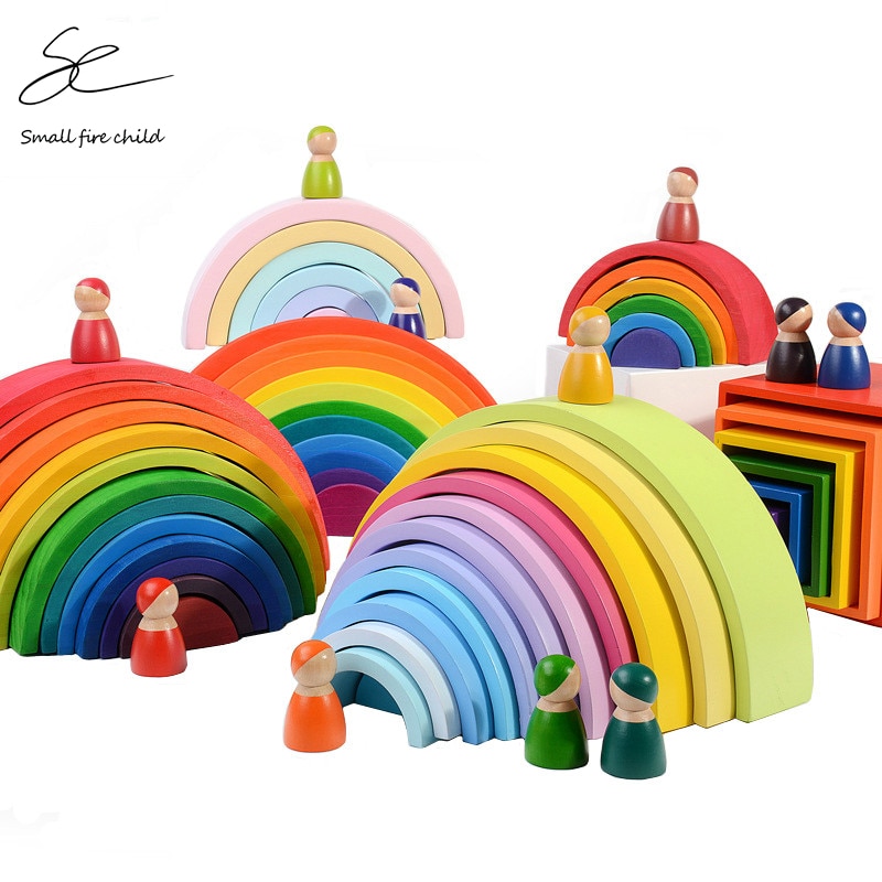 Baby Toys Large Rainbow Stacker Wooden Toys for Kids Rainbow Building Blocks Montessori Educational Toy Children