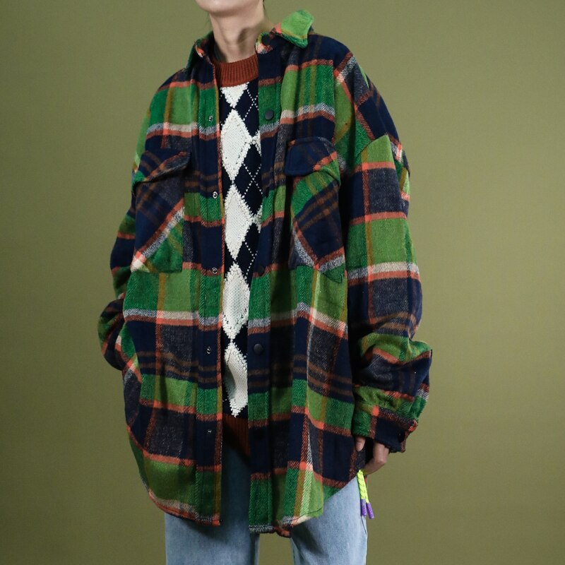 Mens Geborsteld Flanel Plaid Jas Shirts Hip Hop Wollen Oversized Gestreepte Lattice Jassen Uitloper Vrouwen Thicking Herfst Winter