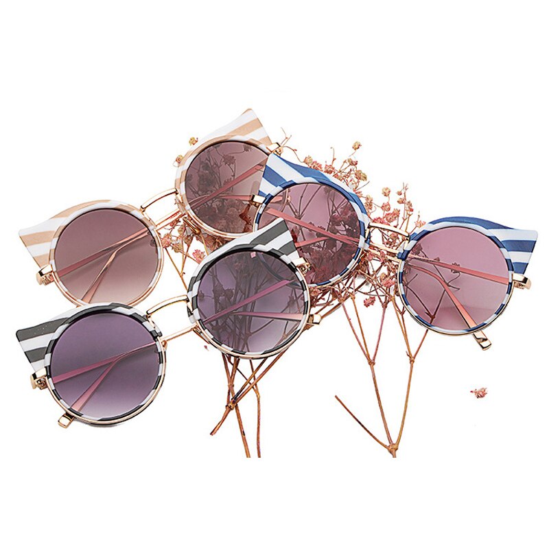 Emosnia Stripe Cat eye Sunglass Round Brands Sunglasses Women Zebra Metal Frame Vintage Oculos De Sol