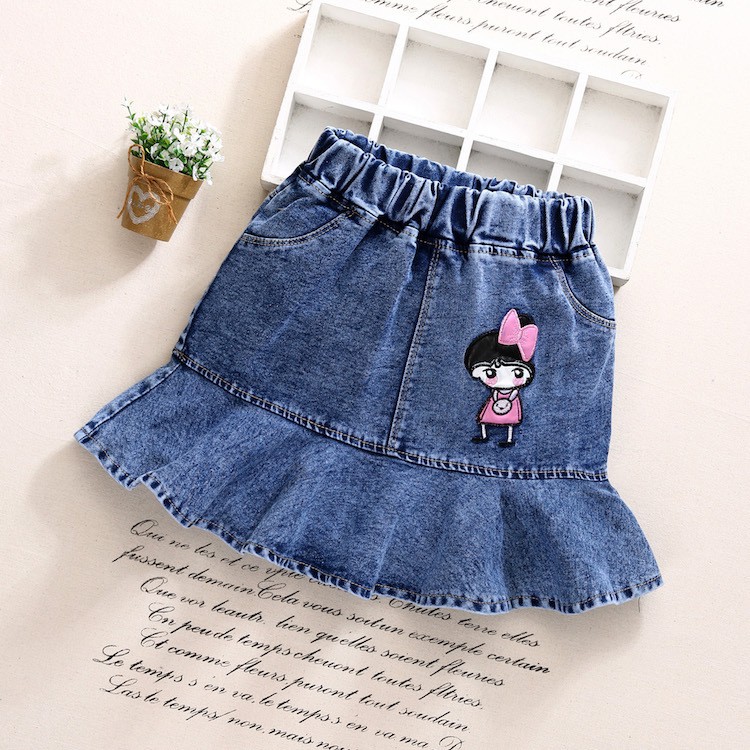 Jupe longue en jean brodée pour filles de 3 à 11 ans, jupe trapèze pour enfants: E Girl Light / XL