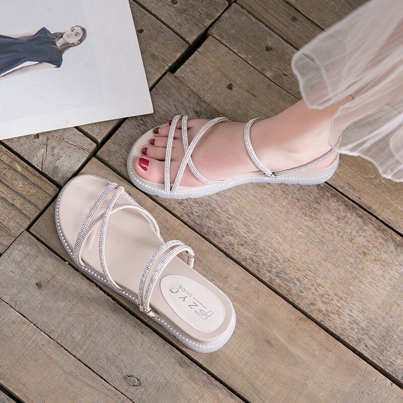 Zomer Platform Schoenen Vrouw Sandalen Platte Sandalias Gladiator Rhinestone Clear Strand Sandalen Transparante Slippers Slides