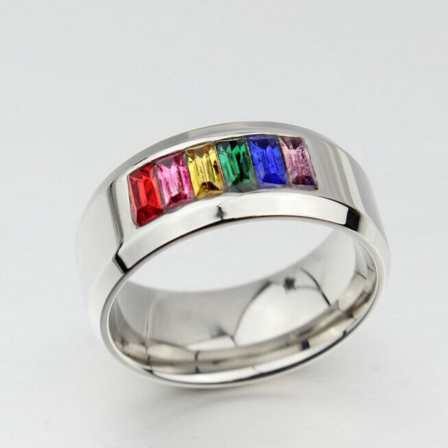 Bague en cristal multicolore pour femmes et hommes en acier inoxydable, de bijoux