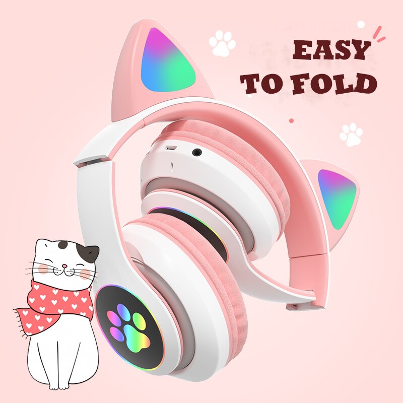 Cat Ear Wireless Headphones Bluetooth 5.0 RGB Earphones Bass Noise Cancelling Adults Kids Girl Headset Support TF Card Casco Mic