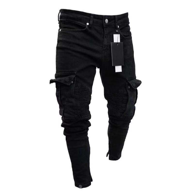 Pantalones vaqueros largos rasgados para hombre, Jeans ajustados elásticos rotos, color negro: XXL