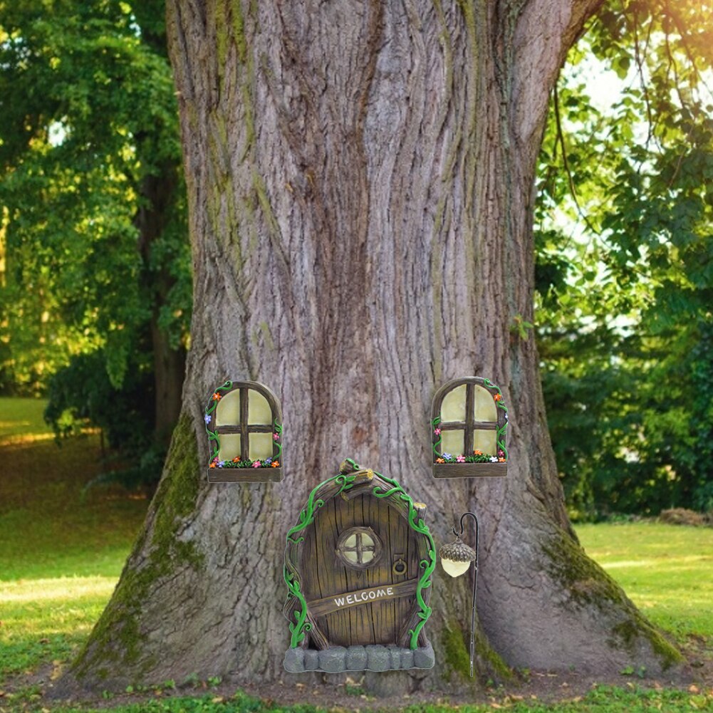 Resin Miniature Fairy Gnome Window Door Elf Garden Sculpture Statues Tree Decor for Yard Art Sculpture Statue Outdoor Decor