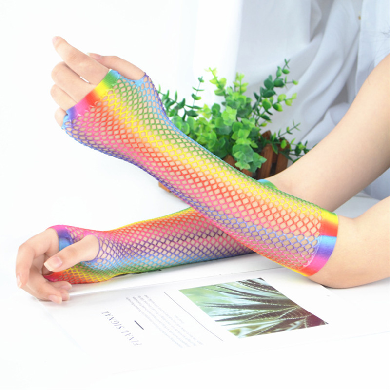 1 paar Regenbogen Farbe Damen sexy Gittergewebe Netz Fischnetz Handschuhe Frauen Aushöhlen Löcher Finger Handschuhe Dame Disko tanzen Kostüm handschuh