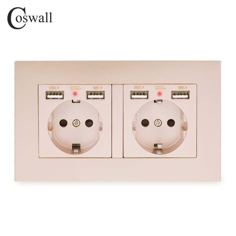 Coswall mærke 2 gang rusland spanien eu standard vægstik med 4 usb ladeport skjult blød led indikator pc panel sort hvid