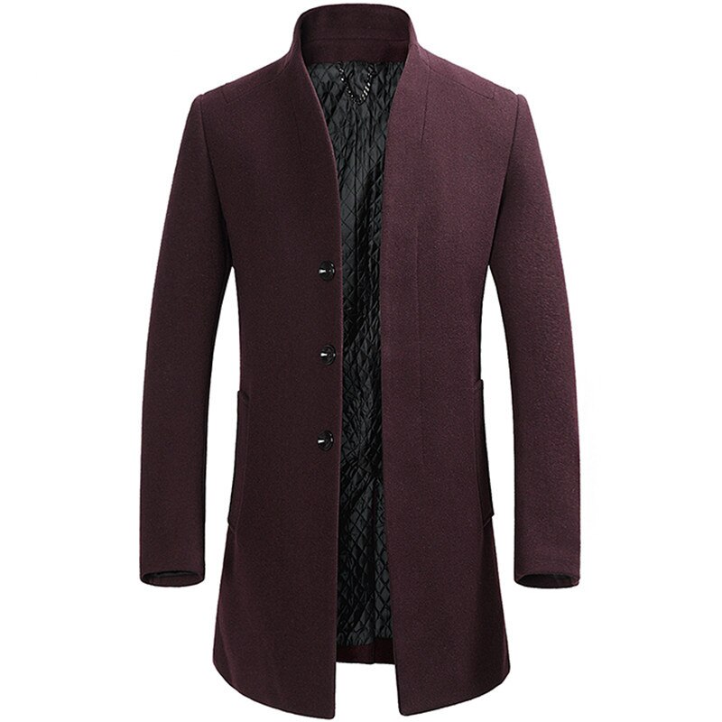 Fgkks män vinter ullrock herr enfärgad varm tjock ullblandningar ylle ärtrock manlig trenchcoat överrock: Vin, röd / Xxl