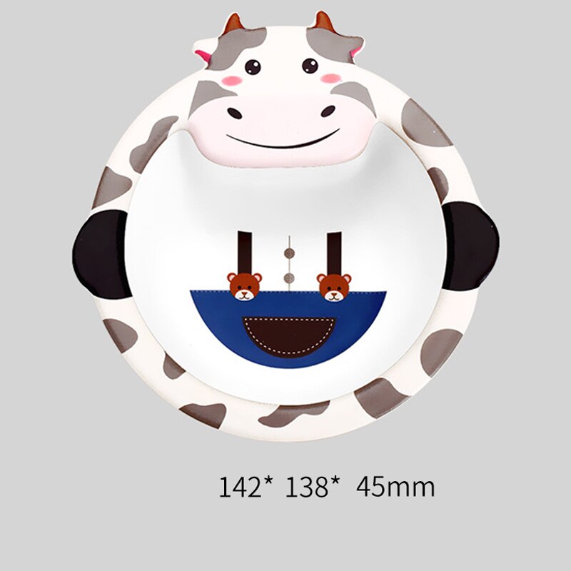 Baby Bamboe Kom + Lepel + Vork Feeding Servies Set Cartoon Aniaml Bee Kid Gerechten Bamboe Voeden Kom Diner plaat: Cow Dinner Plate