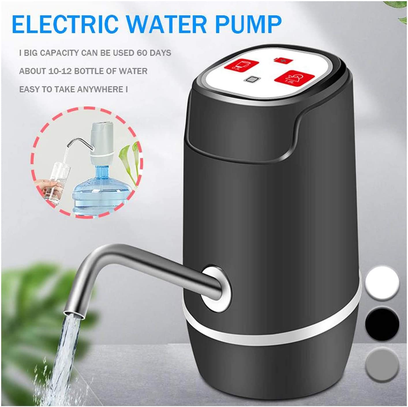 EASYSPEED, DISPENSADOR DE Agua con luz, ELECTRICO Y PORTATIL para BOTELLONES DE 5,8,10,12,13 Y 20 litros (Negro)