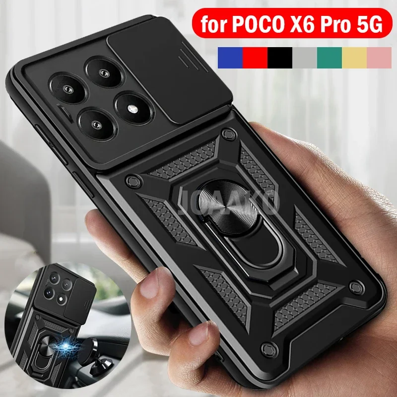 Funda For POCO X7 Pro / X6 Pro 5G Case Armor Slide Camera Lens Protection Cover for Xiaomi POCO X6 5G Ring Stand Shockproof Capa