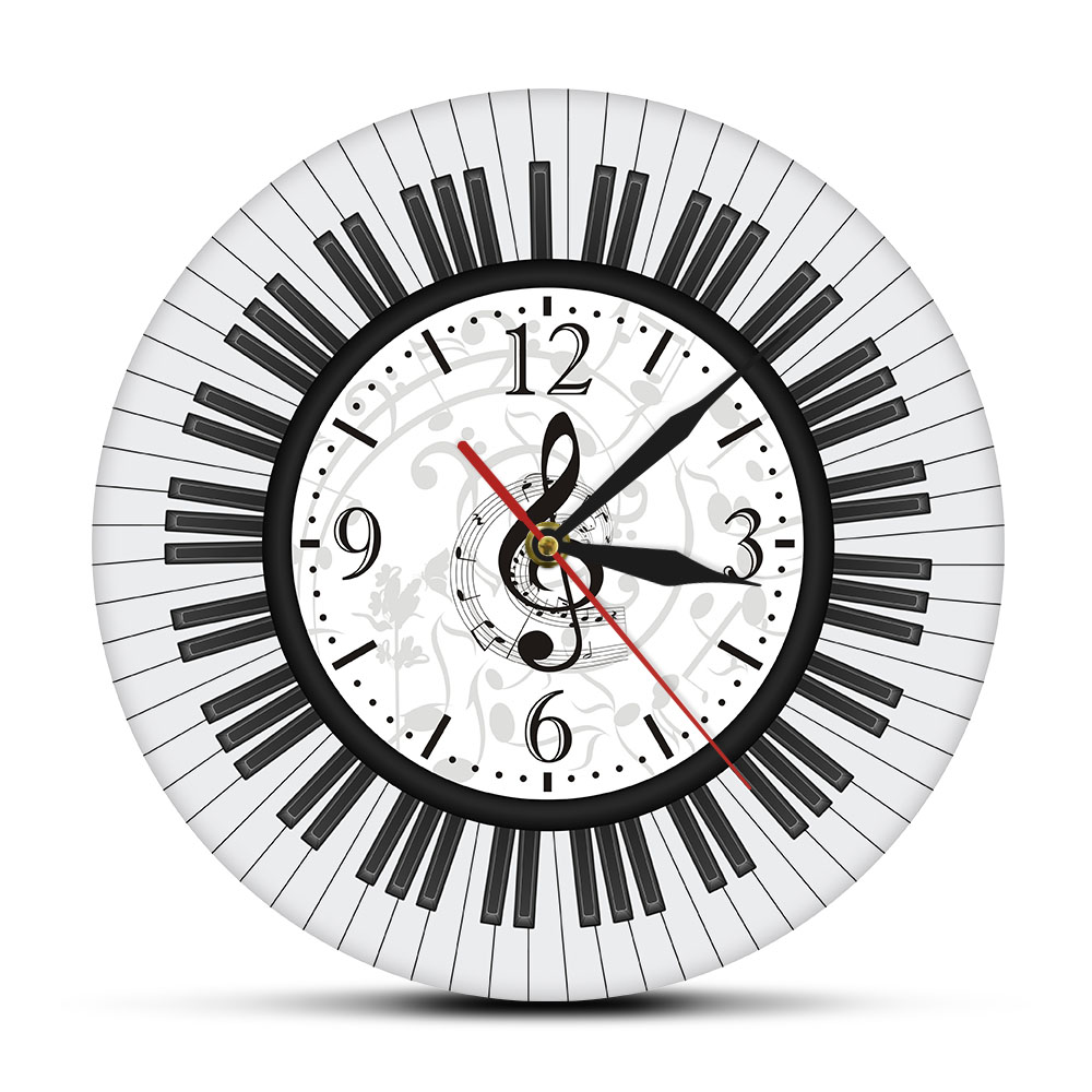 Rounded Piano Keyboard Treble Clef Wall Art Printed Acrylic Wall Clock Musical Notes Wall Watch Music Studio Decor Pianist