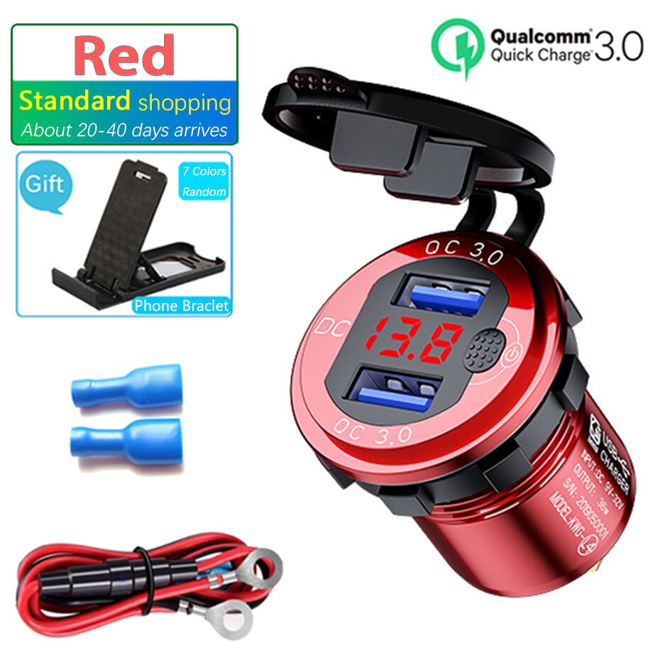 12V/24V 36W QC3.0 Metalen Auto Aansteker Plug Led Display Schakelaar Waterdichte Usb Charger Socket voor Telefoon Tablet: Red-Line-Standard