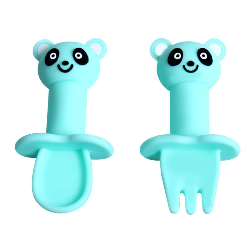 2Pcs/Set Cartoon Pattern Spoon Fork Set Detachable Safe Silicone Infant Feeding Children Tableware Utensil Heat-Resistant Spoon: Panda cyan blue