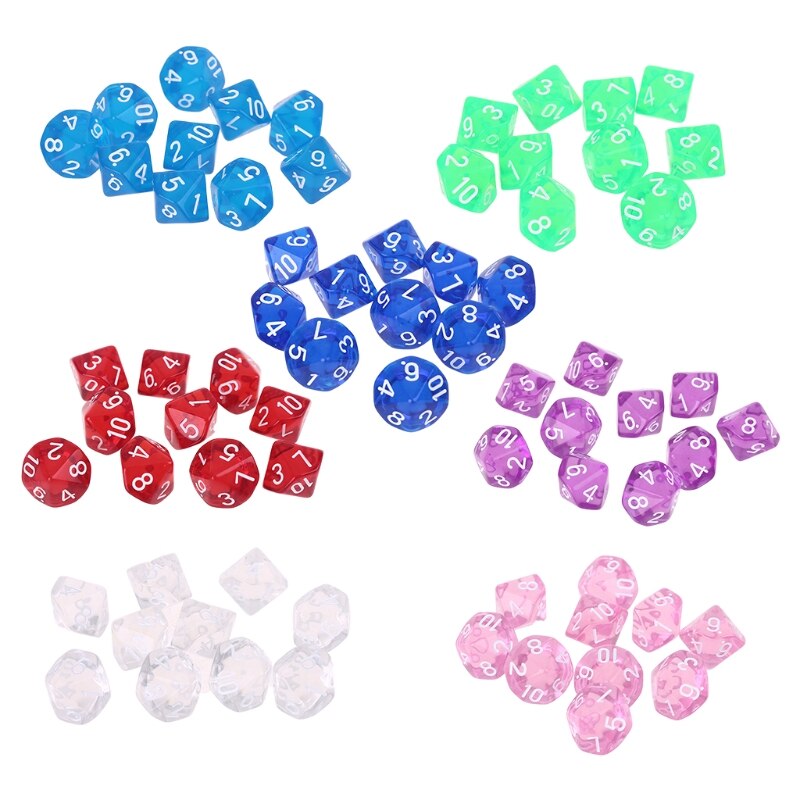 10pcs/set Acrylic Polyhedral Dice Transparent Colors 10 Sided Dices Table Board Playing Game for Bar Pub Club Party D0LB