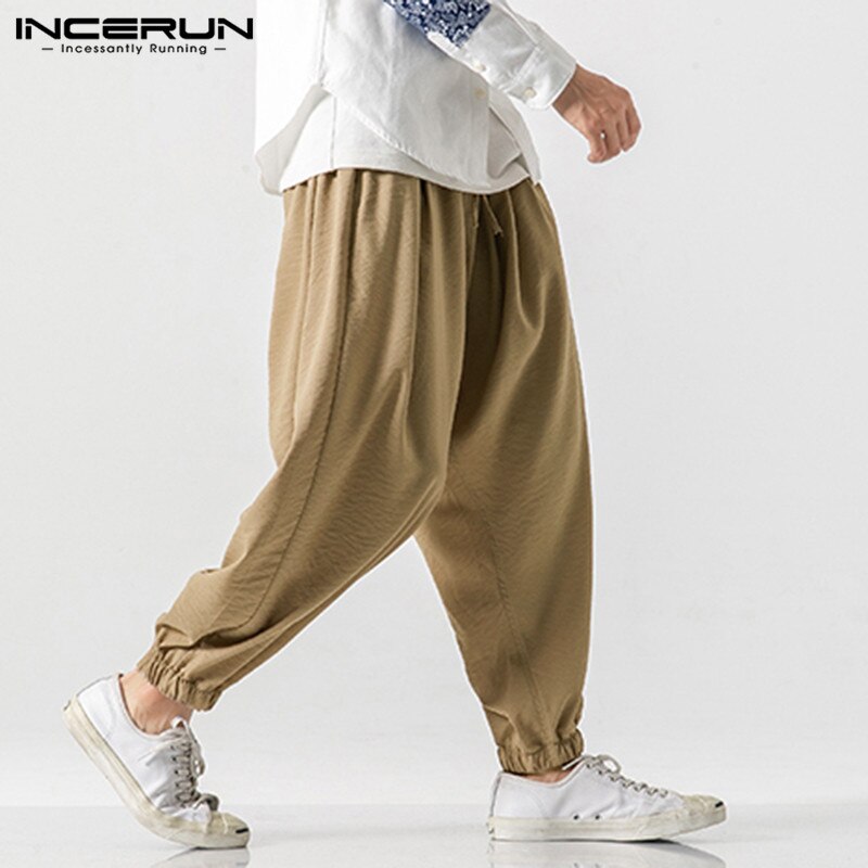 Herr retro hombre pantalones streetwear enfärgade byxor vintage joggingbyxor med dragsko herr lösa haremsbyxor plus storlek 7