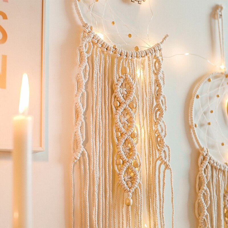 Bohemian DIY Handmade Macrame Wall Hanging Tapestry/ Dream Catcher Home Wedding Ornament Decor,with LED