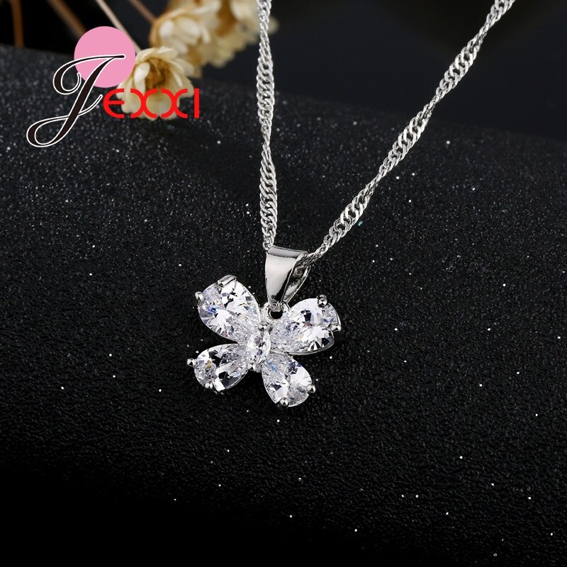 Elegante borboleta gota de água zircônia cúbica s925 prata esterlina feminino colar brincos conjunto jóias para o casamento