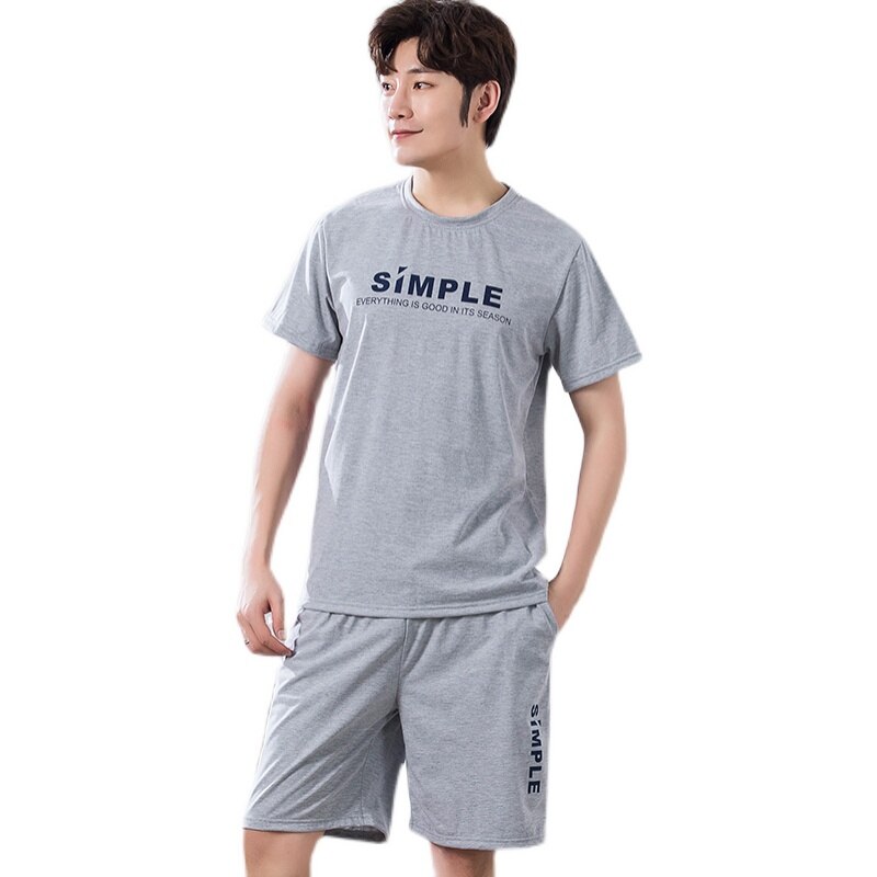 Yidanna Men Pajamas Set Knitted Cotton Nightwear Short Sleeved Sleepwear Summer Sleep Clothing Letters Nighties Nightdress Suit