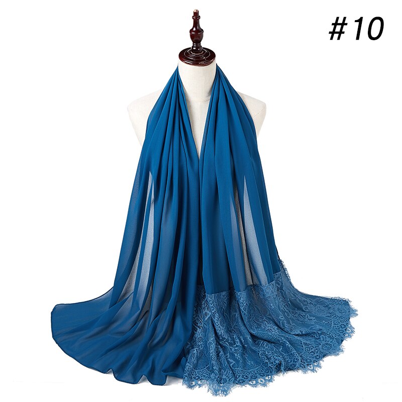 Vrouw Vlakte Kant Sjaal Buble Chiffon Moslim Sjaal Moslim Effen Kleur Lady Uitlaat Luxe Foulard Hijaabs: color 10