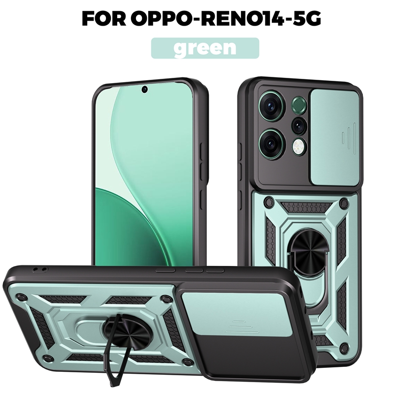 Funda protectora de anillo magnético Armor para OPPO Reno 14 Pro 14F 5G, Funda protectora de lente deslizante para Reno14 Reno14F: Cuero / Rosa brillante