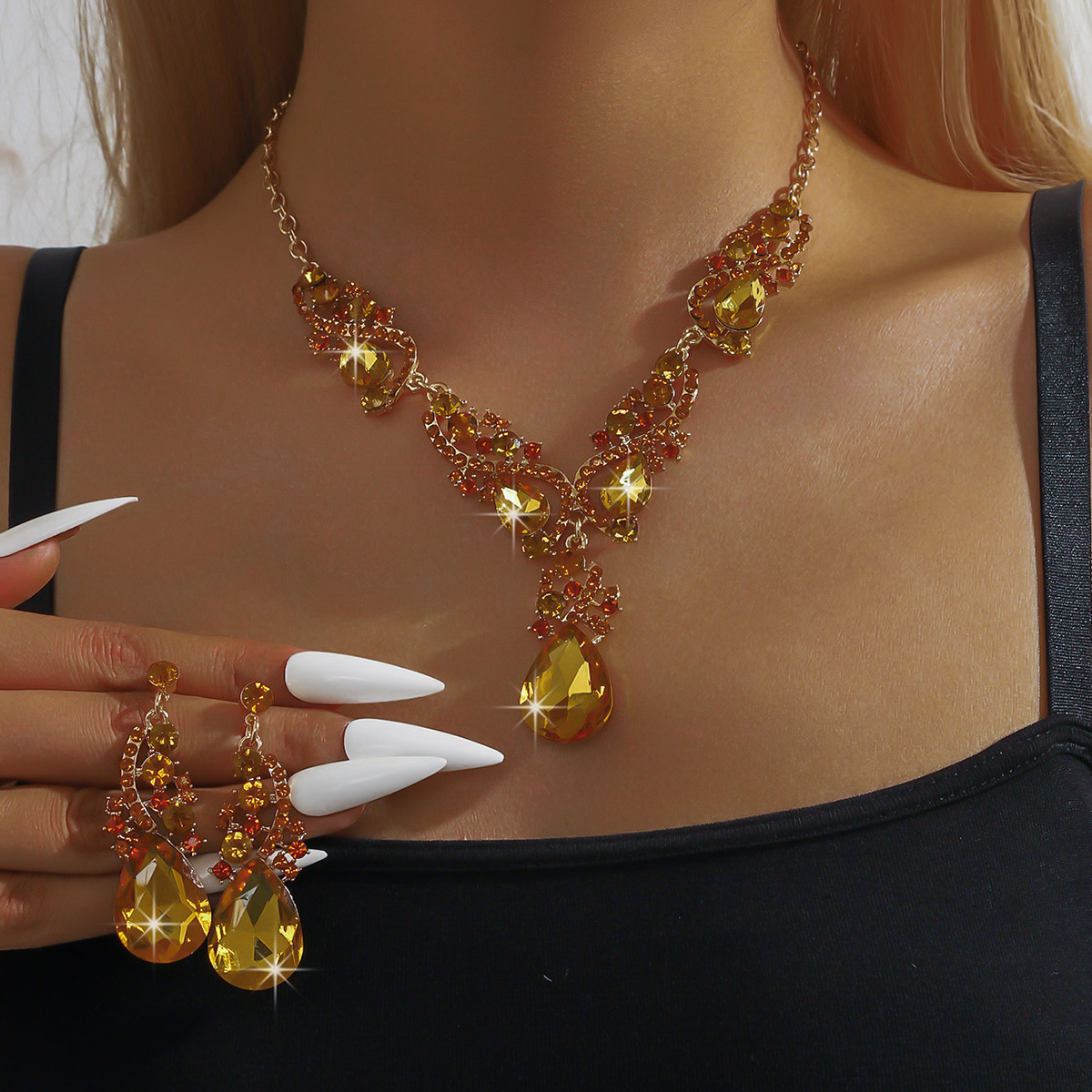 Conjunto de joyería para mujer de 3 piezas con pendientes de collar de cristal de diamantes de imitación, accesorios de boda nupcial: Amarillo claro