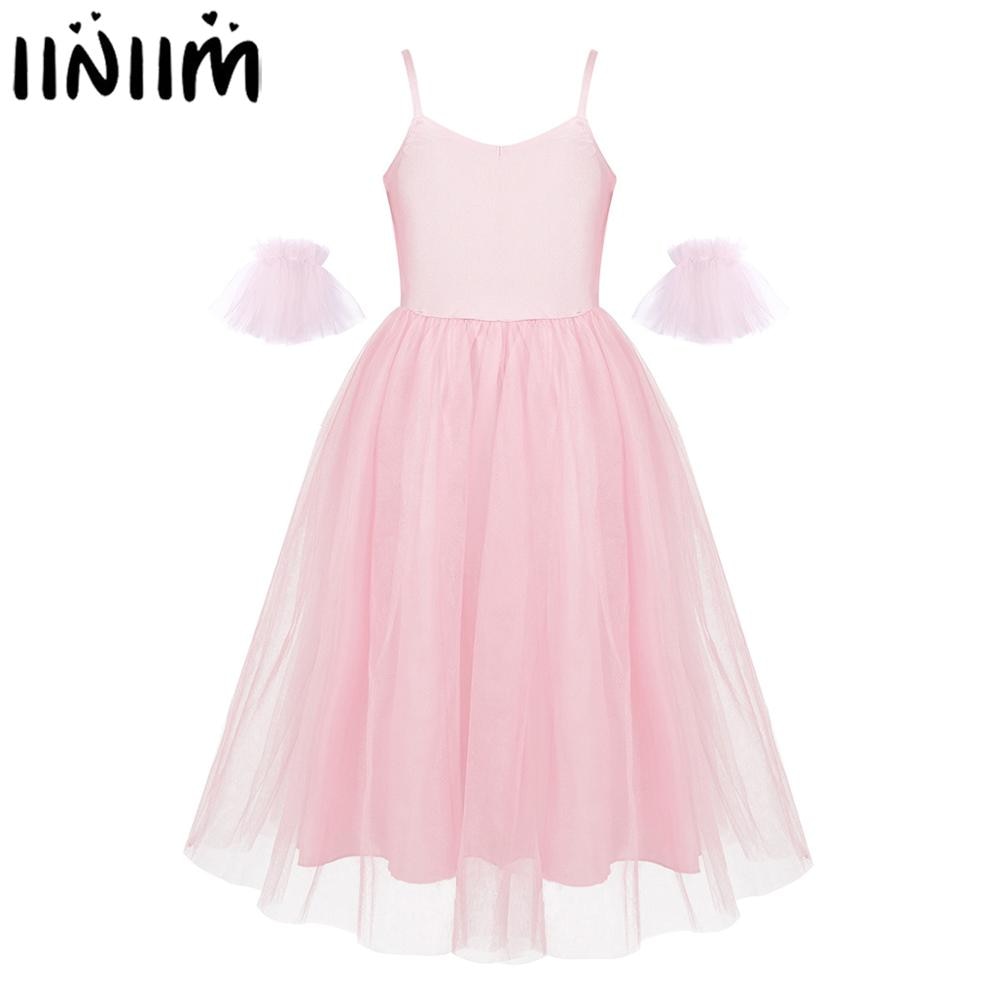 Kids Girls Ballerina Ballet Competition Romantic Style Ballet Dance Costumes Mesh Long Tutu Dress with Ruffled Arm Sleeves