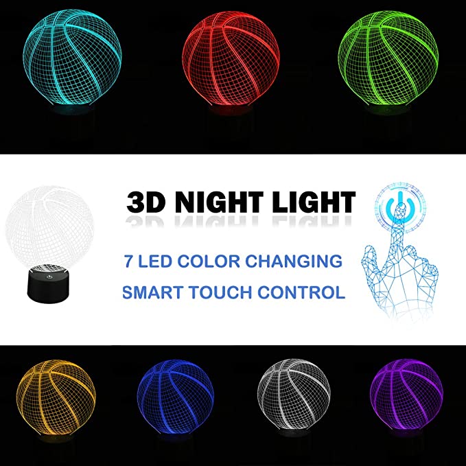 Luz nocturna de ilusión óptica 3D, 7 LED, lámpara que cambia de Color, suave y fresca, segura, solución para niños, pesadilla, baloncesto y Deporte