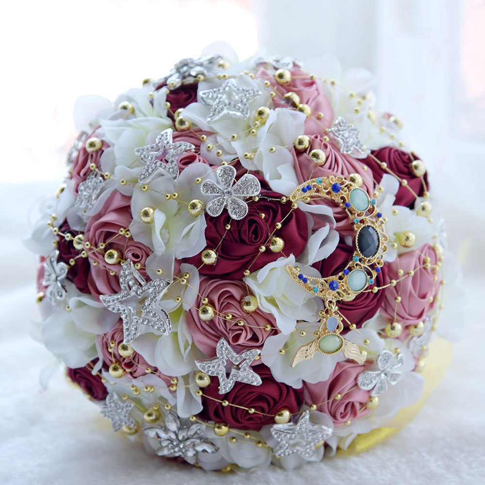 Janevini bling bling rhinestone lyserøde blomster luksus stjerner brude smykker kunstig hortensia krystal måne bryllup buket: Burgunder