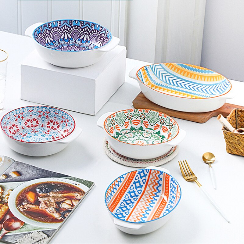 11 Inch Artistic Round Baking Bowl Binaural Cheese Risotto Plate Cutlery Baking Tray Plates for Food Christmas Plate