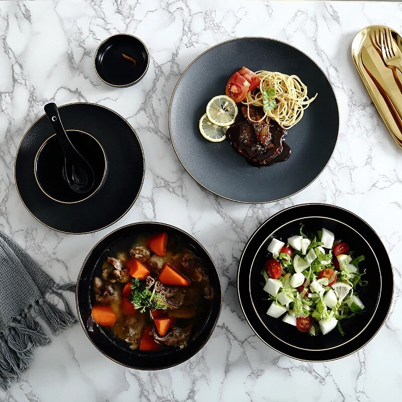 Vajilla dorada negra con borde, PARA CENA plato de cerámica, plato de arroz, ensalada, fideos, tazón para sopa, juegos de vajilla mate, herramienta de cocina