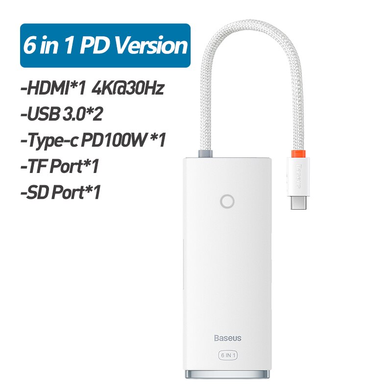 Baseus – HUB USB type-c vers HDMI 4K, adaptateur USB 3.0 PD 6 en 1, Station d'accueil pour MacBook Pro Air: 6 in 1 PD White